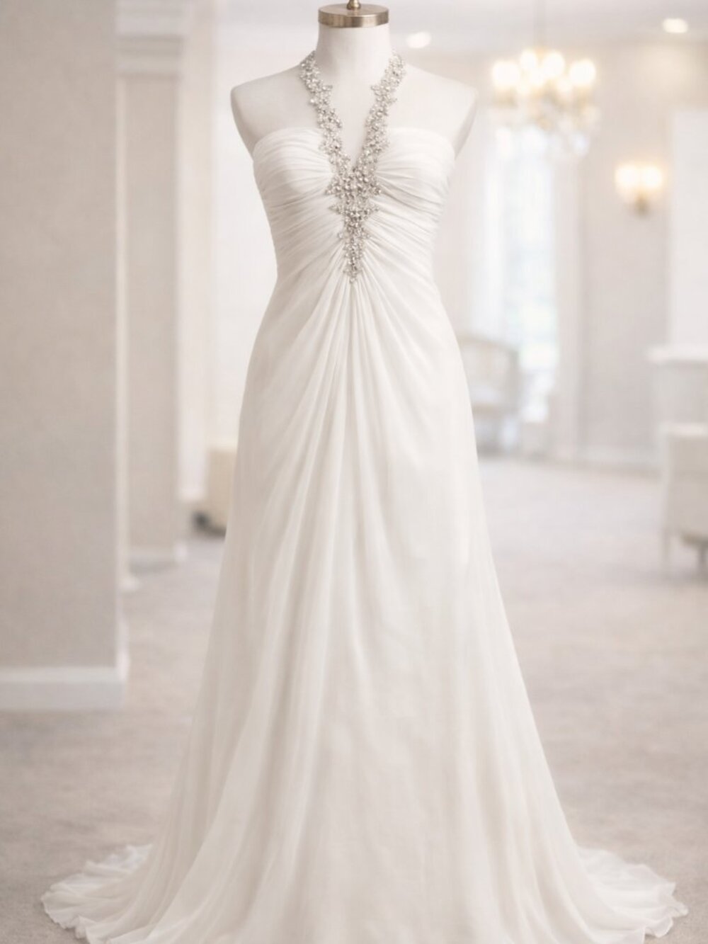 Maggie Sottero Wedding Gown | Size 10/12 | Chiffon Ivory | Beaded V-Neck